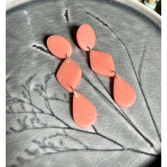Handmade Polymer Clay Earrings Handcrafted Artwork Coral Sea Glass Dangles - Picture 3 of 5
